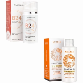 Amazonliss Hair Repair & Straightening Set – B24 Peptides 4-Min Leave-In Hair Mask (3.38 fl oz)   Brazilian Tanino Smoothing Treatment (2.03 fl oz) – Shine Boost & Heat Damage Repair