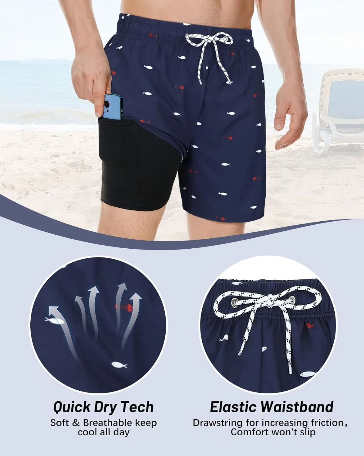 American Trends Men's Swim Trunks Board Shorts Quick Dry Mens Swimming Trunks with Compression Liner