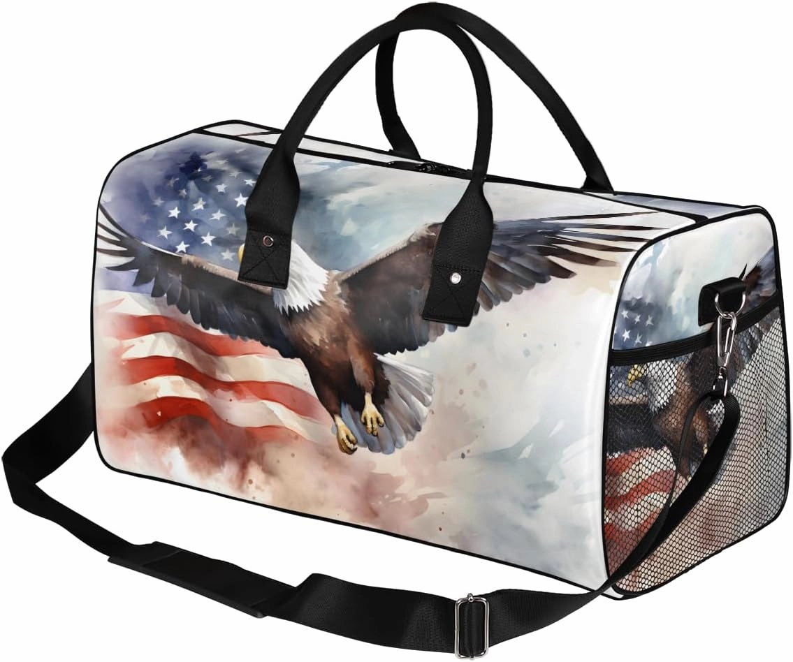 American Flag Travel Duffle Bag for Women Men Foldable Waterproof Weekender Bag Carry on Tote for Overnight Sports Gym USA Bald Eagles