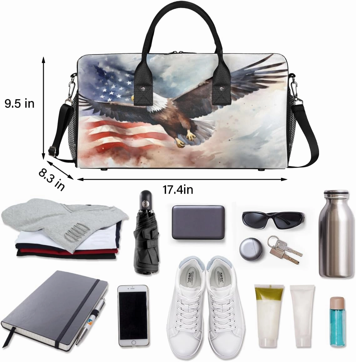 American Flag Travel Duffle Bag for Women Men Foldable Waterproof Weekender Bag Carry on Tote for Overnight Sports Gym USA Bald Eagles