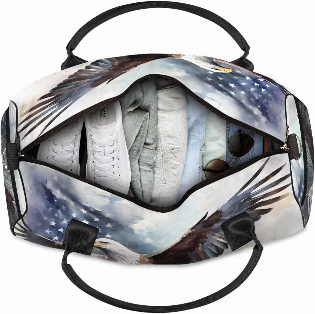 American Flag Travel Duffle Bag for Women Men Foldable Waterproof Weekender Bag Carry on Tote for Overnight Sports Gym USA Bald Eagles