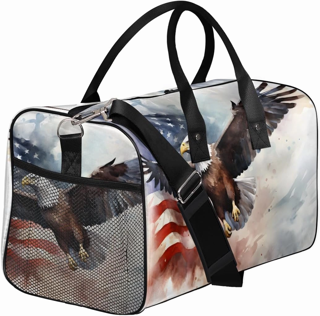 American Flag Travel Duffle Bag for Women Men Foldable Waterproof Weekender Bag Carry on Tote for Overnight Sports Gym USA Bald Eagles