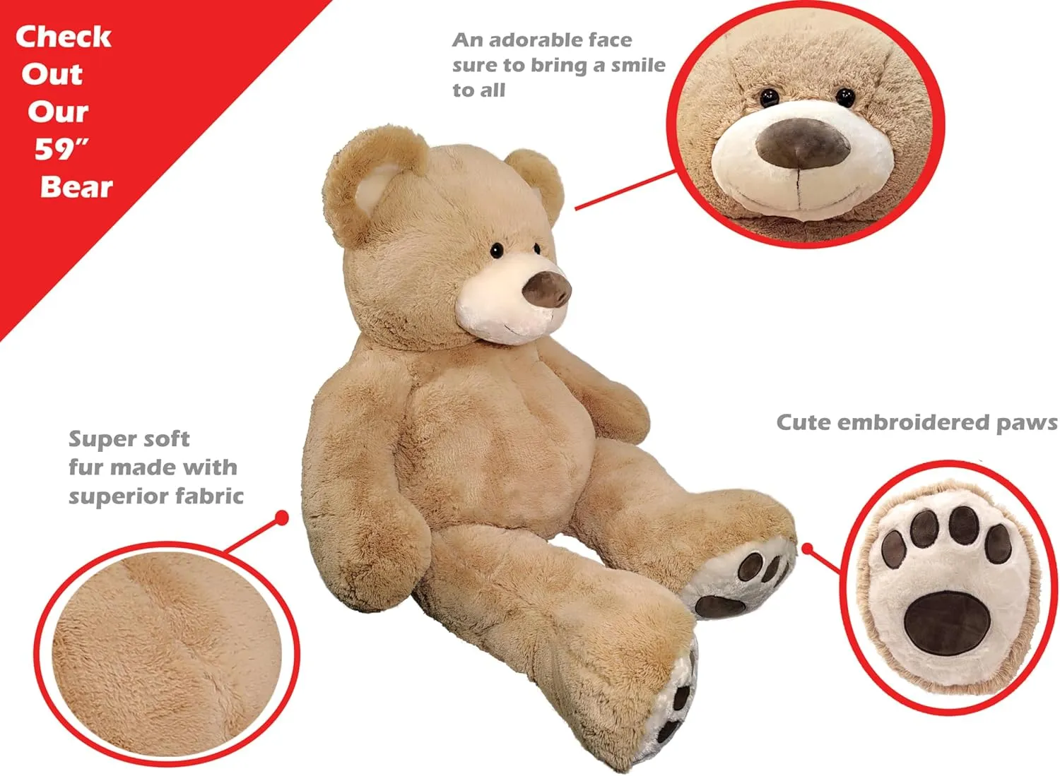 Anico 59" Tall (5 Foot) Giant Plush Bear, Stuffed Animal, Beige Teddy Bear with Smiling Face. Premium Stuffed Toy Teddy Bear, Perfect for Girlfriend, Kids, Valentine's Day, Christmas!