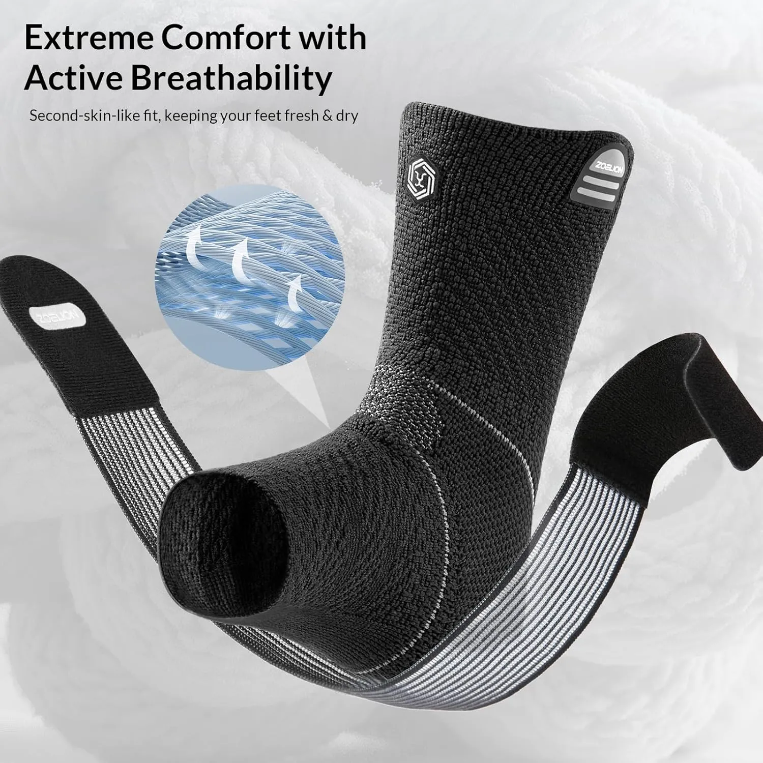 Ankle Brace Compression Support with Removable Fishnet Strap, 3D Knit Plantar Fasciitis Relief Achilles Tendonitis Brace, Ankle Compression Sleeve for Pain Relief & Injury Healing, Black/L