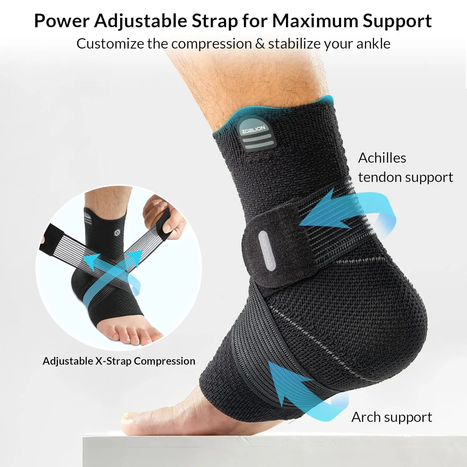 Ankle Brace Compression Support with Removable Fishnet Strap, 3D Knit Plantar Fasciitis Relief Achilles Tendonitis Brace, Ankle Compression Sleeve for Pain Relief & Injury Healing, Black/L
