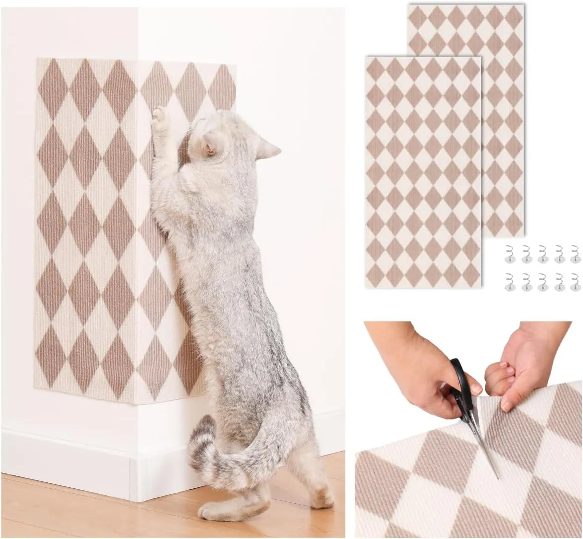 Anti-Scratch Cat Mat, Set of 2 – 39.4” x 15.8” Trimmable Self-Adhesive Upholstery Pads for Furniture, Carpet, Cat Trees, Shelves, Climbing Walls & Couch Protection (Brown Diamond)