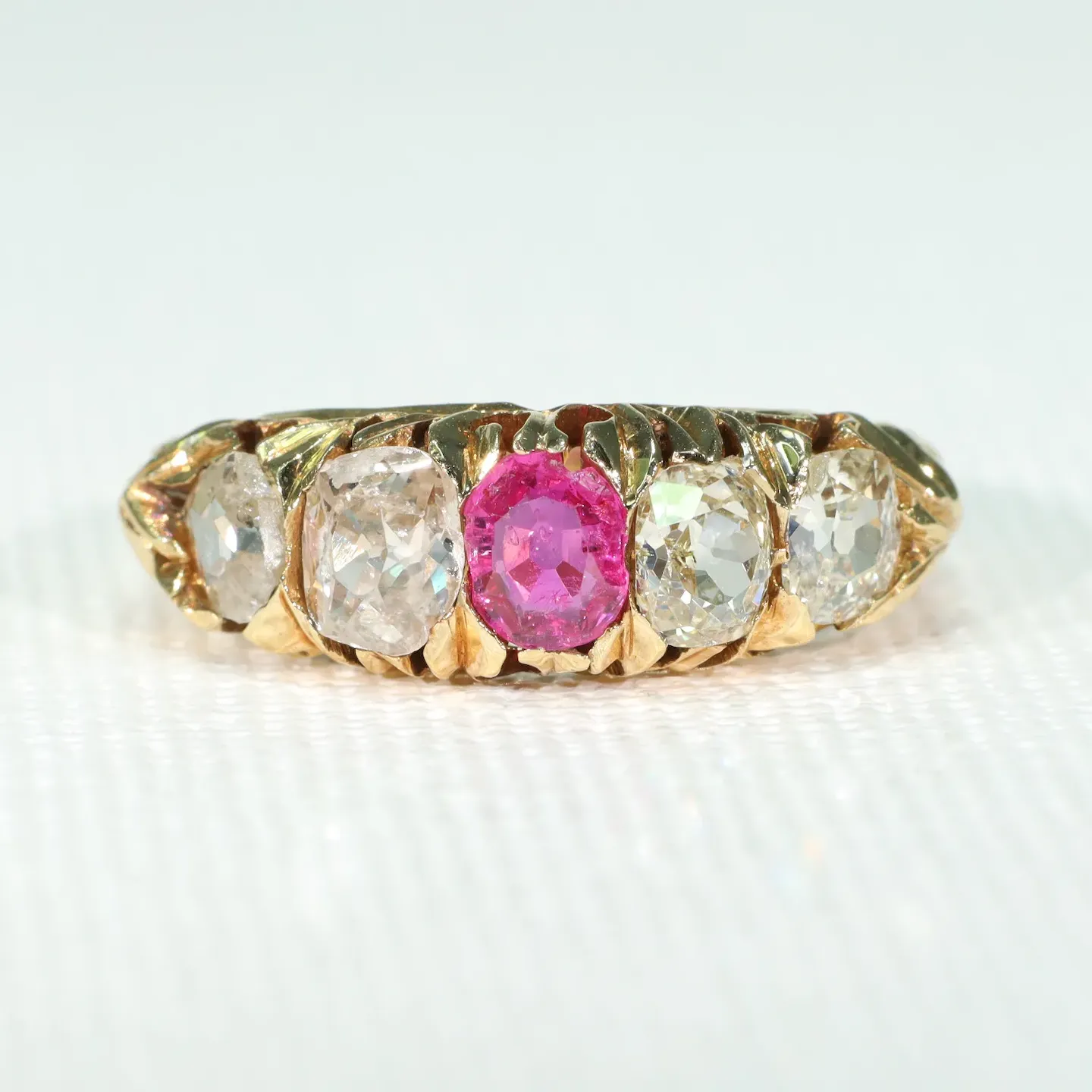 Antique Victorian Pink Sapphire Diamond Ring 5 Stone
