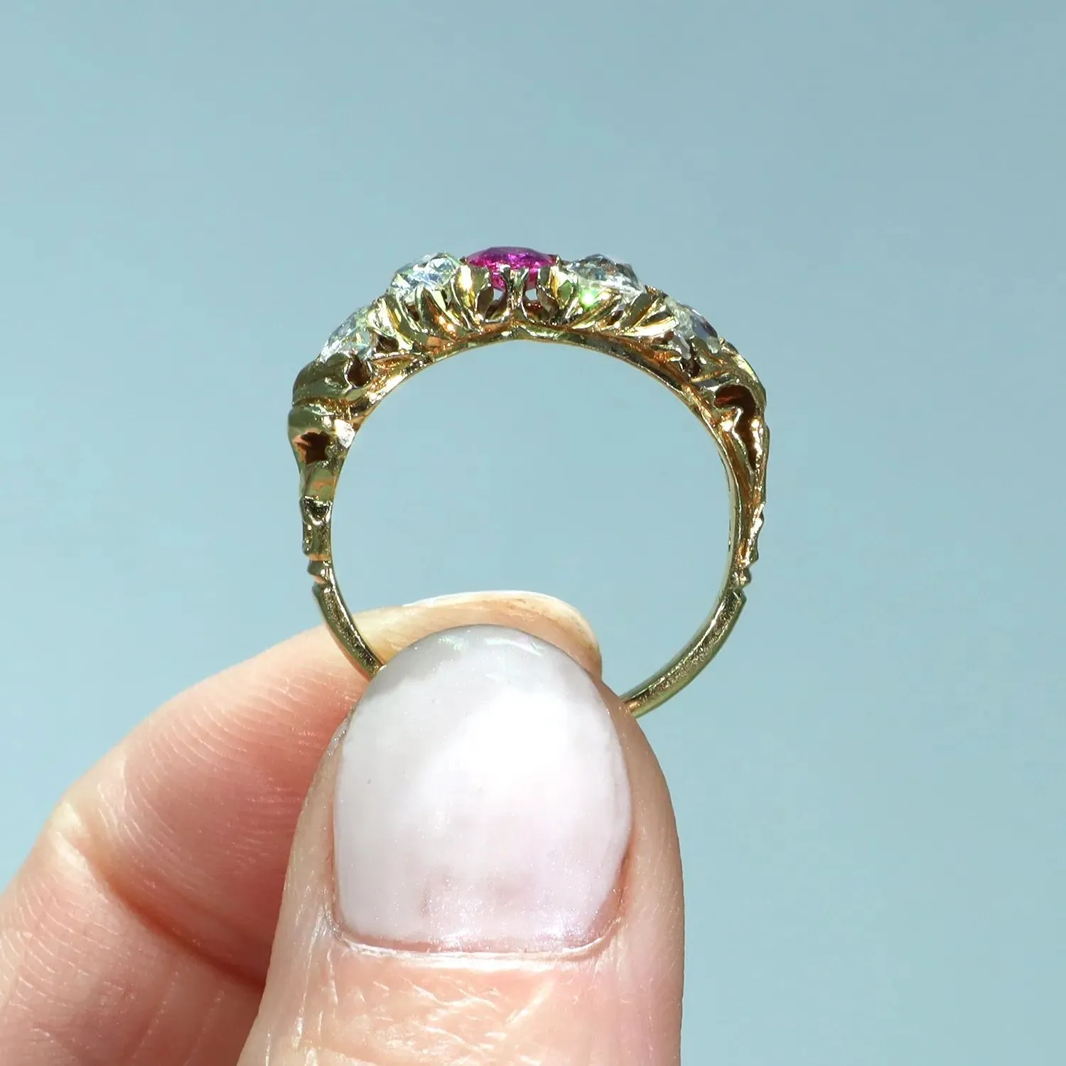 Antique Victorian Pink Sapphire Diamond Ring 5 Stone