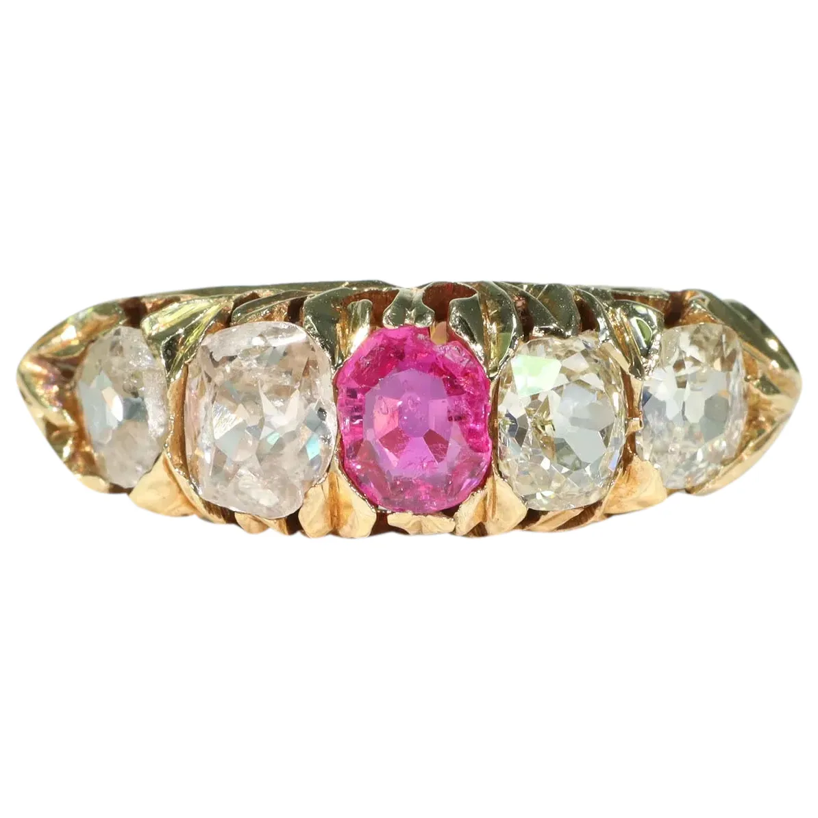 Antique Victorian Pink Sapphire Diamond Ring 5 Stone