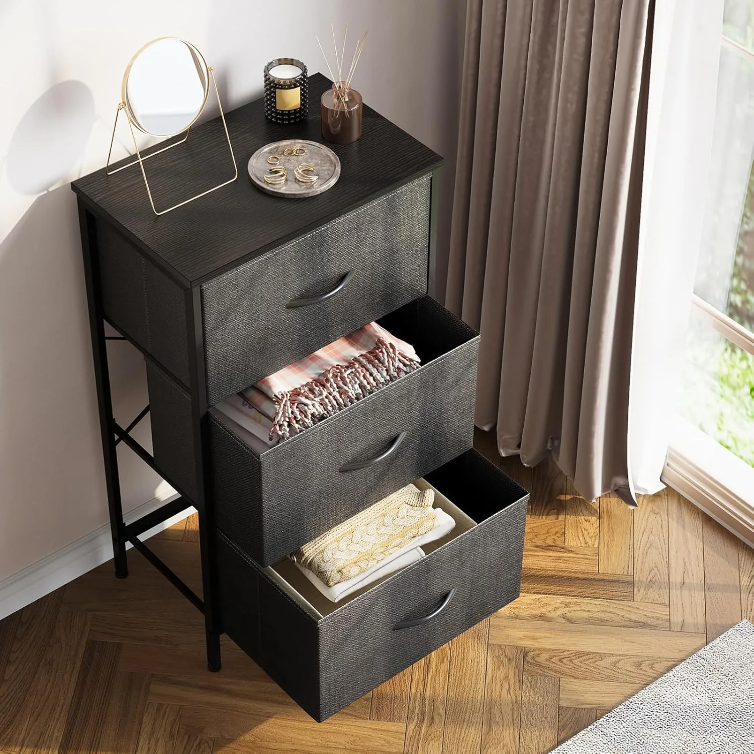 AODK Dresser for Bedroom Nightstand Small Dressers Chest of Drawers End Table for Living Room, Closet Dresser with 3 Storage Drawers Organizer Clothes, Dark Grey
