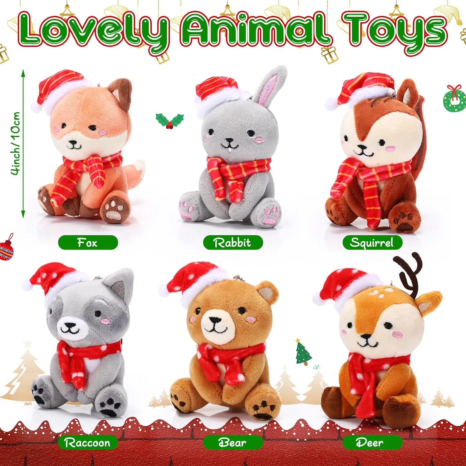 Aoriher 6 Pcs Mini Woodland Animals Plush Toys Gift 4 Inch Cute Plush Bear Rabbit Squirrel Raccoon Stuffed Keychain for Baby Shower Birthday Party Centerpiece Decor Classroom Prizes(Cap and Scarf)