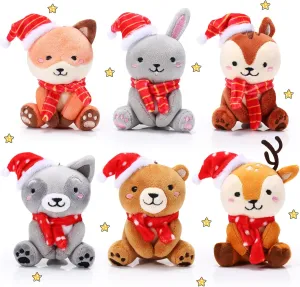 Aoriher 6 Pcs Mini Woodland Animals Plush Toys Gift 4 Inch Cute Plush Bear Rabbit Squirrel Raccoon Stuffed Keychain for Baby Shower Birthday Party Centerpiece Decor Classroom Prizes(Cap and Scarf)