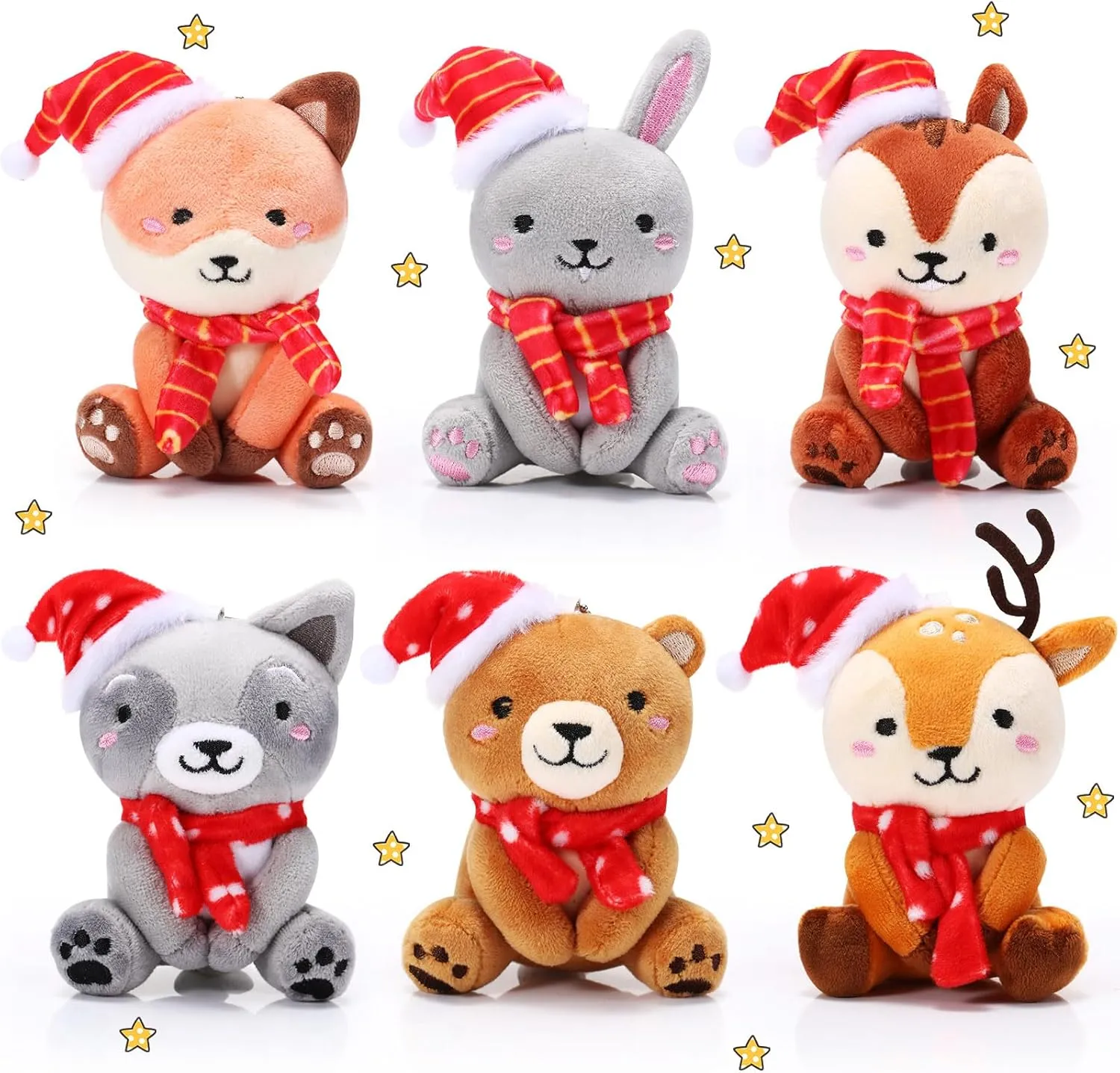 Aoriher 6 Pcs Mini Woodland Animals Plush Toys Gift 4 Inch Cute Plush Bear Rabbit Squirrel Raccoon Stuffed Keychain for Baby Shower Birthday Party Centerpiece Decor Classroom Prizes(Cap and Scarf)