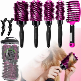 Aozzy 5pcs Round Hair Brush Set with Boar Bristle Vented Curved Detangling Hair Brush, Reduce Frizz Hair, Round Barrel Hairbrush for Blow Drying, Styling, Shiny, Salon at Home, Purple