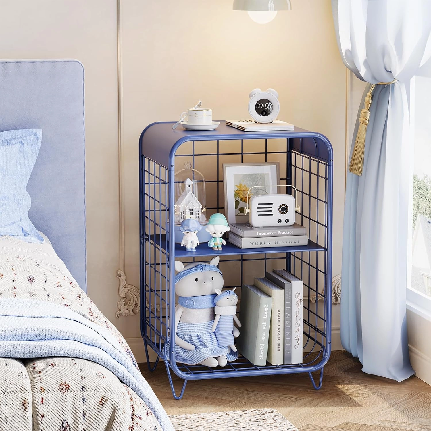 APEXCHASER Cute Nightstand,Metal Side Table,3-Tier Modern End Table with Storage Shelf, Unique Side Tables, Cute Coffee Table for Living Room, Small Table for Bedroom,Navy Blue