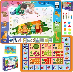 Aqua Water Doodle Mat, 3in1 Reusable Painting Drawing Writing Toys with Letter/Number/Animal/Fruit Patterns for Toddlers and Children (No Mess, Magic Colouring, Multi-Accessories)