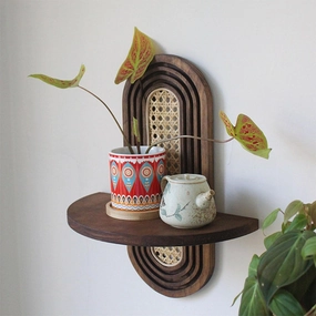 Arch Rainbow Rattan Floating Shelf, Modern Boho Wooden Hanging Wall Shelf for Bedroom Living Room Bathroom Display Decor, B