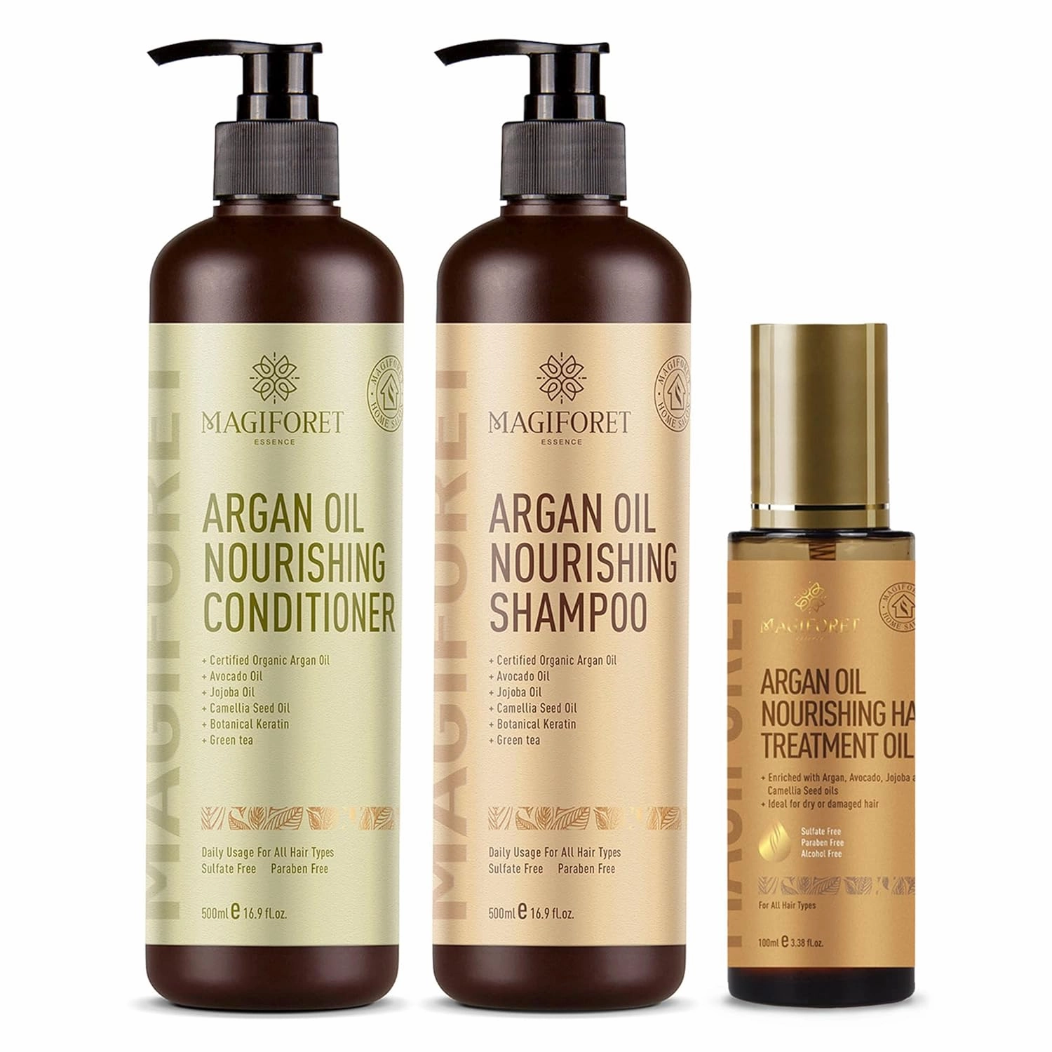 Argan Oil Nourishing Daily Care Set, Shampoo 500ml   Conditioner 500ml   Hair Serum 100ml, Sulfate Free Paraben Free, Soft & Smooth, Gentle on Frizz, Curly & Color Treated Hair