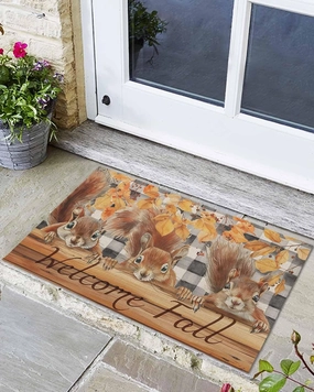 Autumn Wood Grain Door Mat Indoor Outdoor Doormat Non Slip Front Back Door Mat Entrance Mat Low Profile Floor Mat Washable Welcome Fall Animal Leaf Check Black White Welcome Mat for Entryway, 24"x32"
