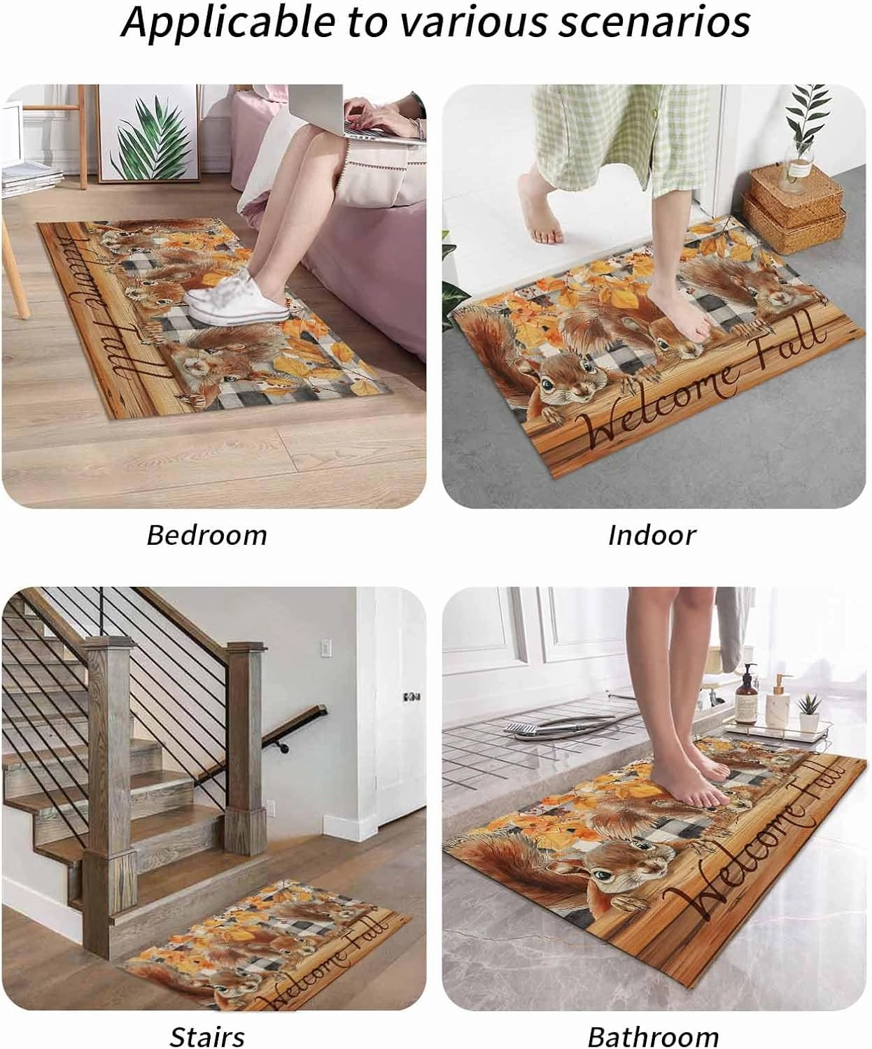 Autumn Wood Grain Door Mat Indoor Outdoor Doormat Non Slip Front Back Door Mat Entrance Mat Low Profile Floor Mat Washable Welcome Fall Animal Leaf Check Black White Welcome Mat for Entryway, 24"x32"