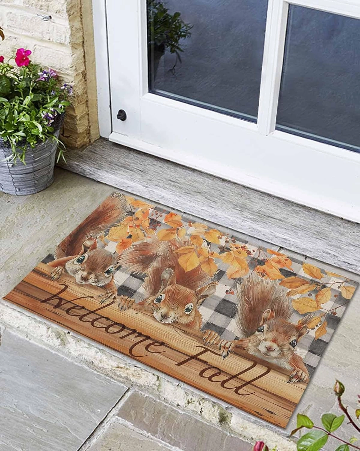 Autumn Wood Grain Door Mat Indoor Outdoor Doormat Non Slip Front Back Door Mat Entrance Mat Low Profile Floor Mat Washable Welcome Fall Animal Leaf Check Black White Welcome Mat for Entryway, 24"x32"