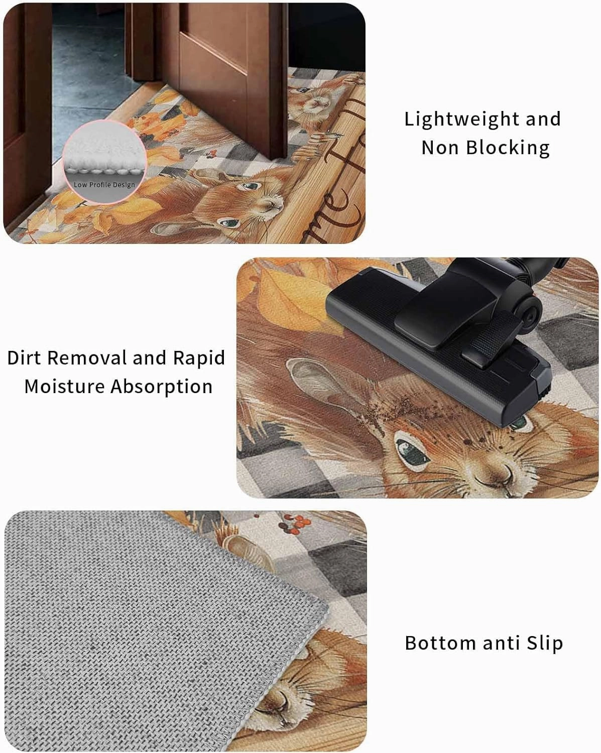 Autumn Wood Grain Door Mat Indoor Outdoor Doormat Non Slip Front Back Door Mat Entrance Mat Low Profile Floor Mat Washable Welcome Fall Animal Leaf Check Black White Welcome Mat for Entryway, 24"x32"