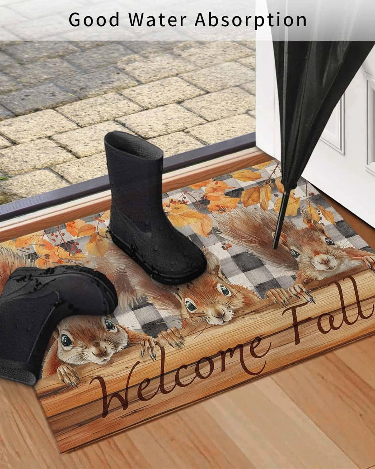 Autumn Wood Grain Door Mat Indoor Outdoor Doormat Non Slip Front Back Door Mat Entrance Mat Low Profile Floor Mat Washable Welcome Fall Animal Leaf Check Black White Welcome Mat for Entryway, 24"x32"