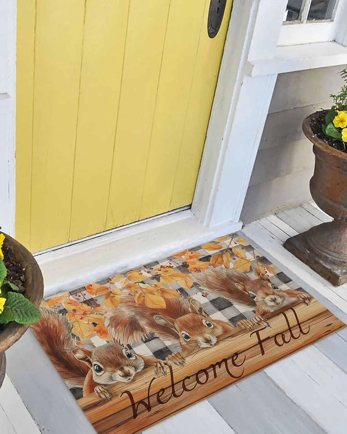 Autumn Wood Grain Door Mat Indoor Outdoor Doormat Non Slip Front Back Door Mat Entrance Mat Low Profile Floor Mat Washable Welcome Fall Animal Leaf Check Black White Welcome Mat for Entryway, 24"x32"