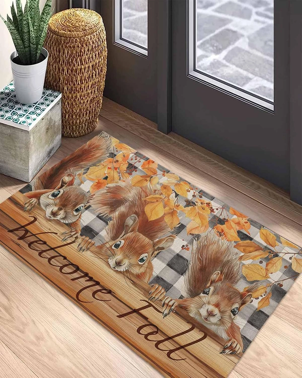 Autumn Wood Grain Door Mat Indoor Outdoor Doormat Non Slip Front Back Door Mat Entrance Mat Low Profile Floor Mat Washable Welcome Fall Animal Leaf Check Black White Welcome Mat for Entryway, 24"x32"