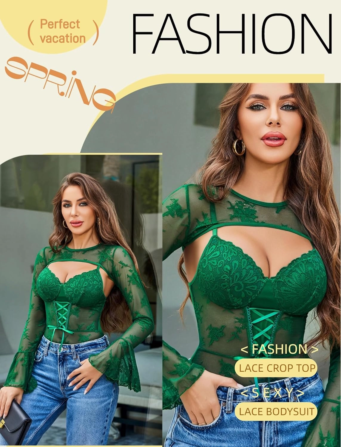 Avidlove Women Lace Bodysuit with Crop Top Sexy Going Out Bodysuit Floral Lace Lingerie Set Sexy Rave Outfits