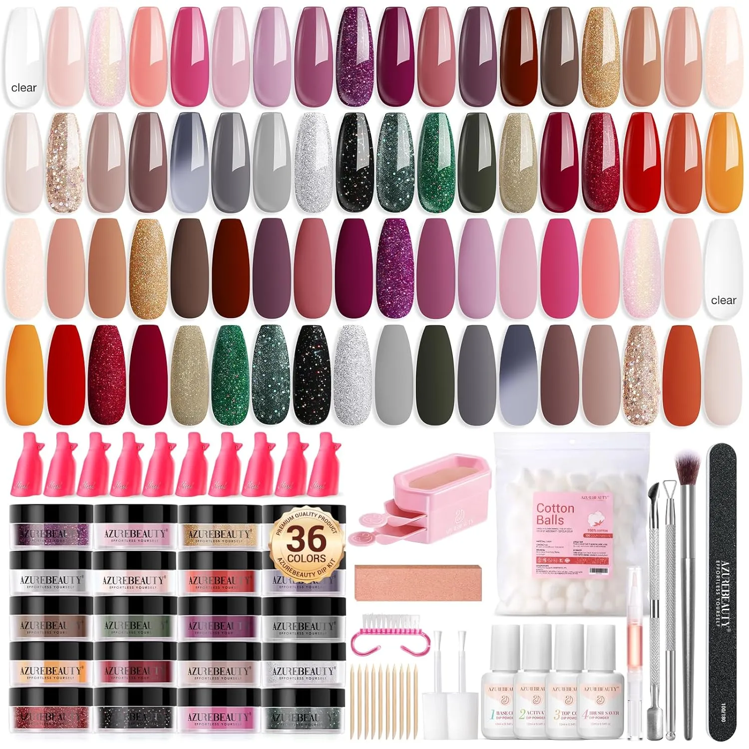AZUREBEAUTY 170PCS Dip Nails Powder Nail Kit Purple Green Polarized Pink Shimmery Fall Winter 36 Colors Dipping Powder with Base Top Coat Activator Dip Liquid Set Nail Removal Accessories Starter Set