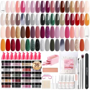 AZUREBEAUTY 170PCS Dip Nails Powder Nail Kit Purple Green Polarized Pink Shimmery Fall Winter 36 Colors Dipping Powder with Base Top Coat Activator Dip Liquid Set Nail Removal Accessories Starter Set