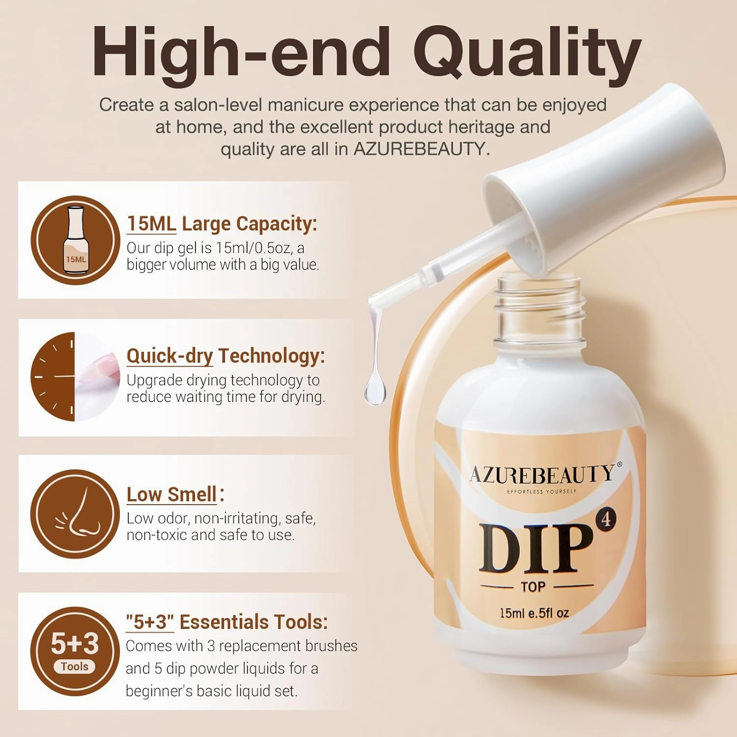 AZUREBEAUTY 5 3 Pcs Dip Powder Liquid Set - 15ml/0.5oz Large Capacity Dip Base Coat, Top Coat, Bond, Activator, Brush Saver for Dip Nail Kit Salon Home No Nail Lamp Needed
