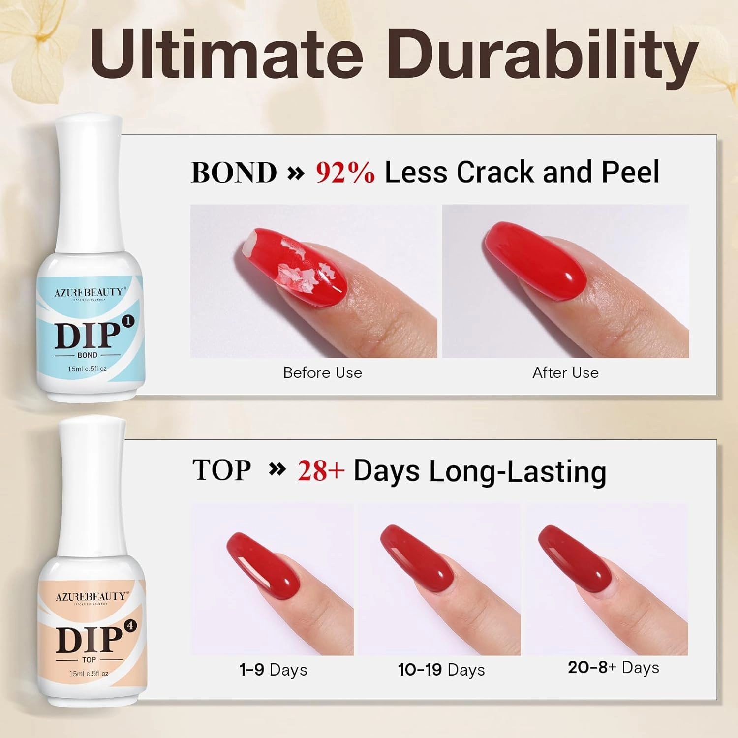 AZUREBEAUTY 5 3 Pcs Dip Powder Liquid Set - 15ml/0.5oz Large Capacity Dip Base Coat, Top Coat, Bond, Activator, Brush Saver for Dip Nail Kit Salon Home No Nail Lamp Needed