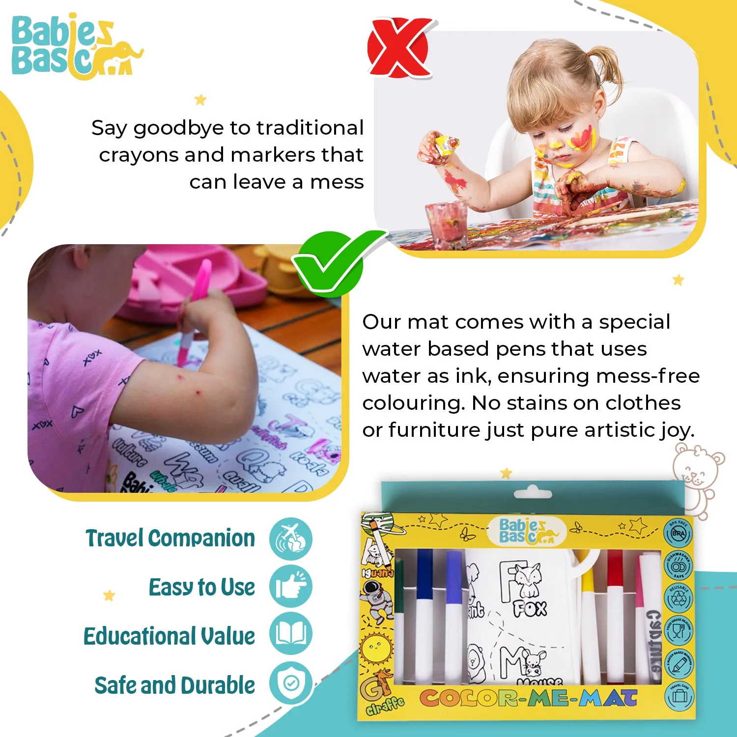 Babies Basic Reusable Silicone Colouring Mat with Pens and Travel Case - English Alphabet Design