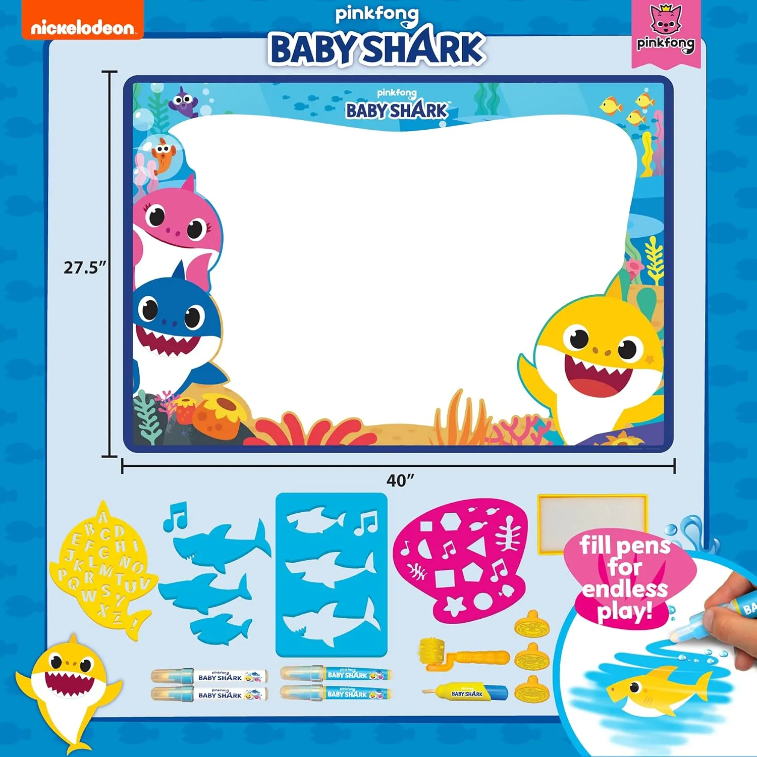 Baby Shark Water Drawing Mat by Horizon Group USA, Includes Reusable 40-Inch Water Drawing Mat, Refillable Water Brush & Pens, Stencils, Mess-Free Water Art for Toddlers, Age 3 