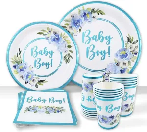 Baby Shower Plates and Napkins, Baby Shower Decorations for Boy | 25 Servings of Paper Plates, Napkins, Dessert Plate, Disposable Cups | With Light Blue Foil, Baby Blue Floral Tableware Party Set