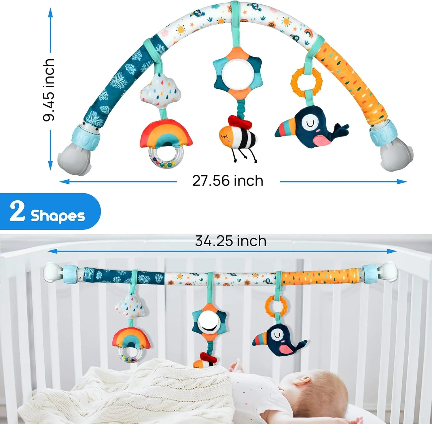 Baby Stroller Arch Toys, Mobile for Bassinet Crib, Detachable Activity Musical Animal Arch Toys with Rattles BB Squeaker Teether (Sky)
