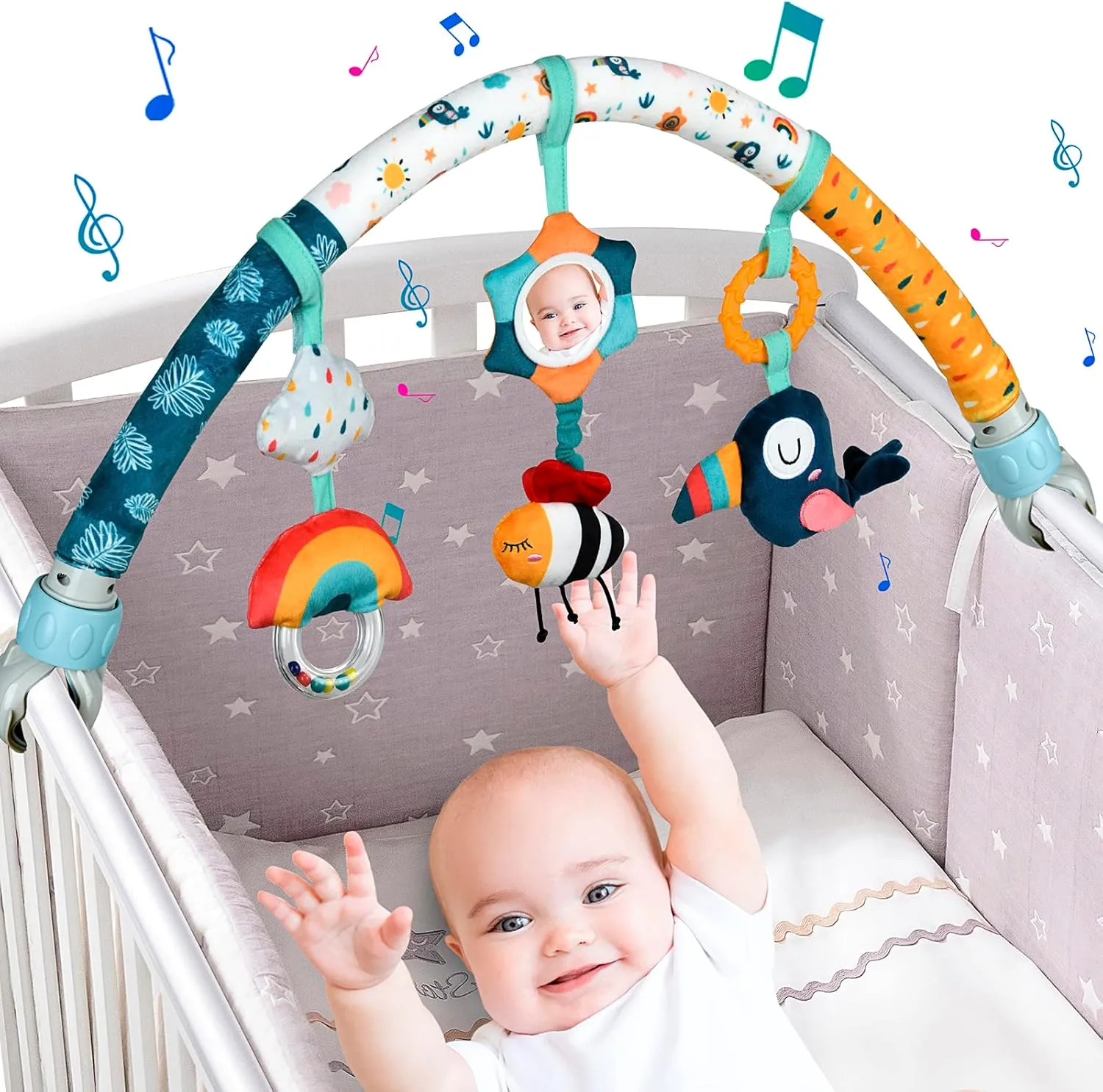 Baby Stroller Arch Toys, Mobile for Bassinet Crib, Detachable Activity Musical Animal Arch Toys with Rattles BB Squeaker Teether (Sky)