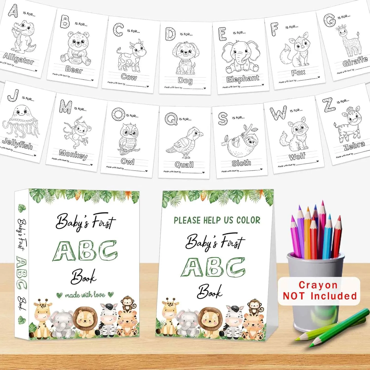 Baby's First ABC Book Baby Shower Activity Keepsake Game, Safari Jungle ABC Coloring Baby Shower Guest Book, Baby's First Alphabet Coloring Book, Alphabet A to Z Coloring Pages