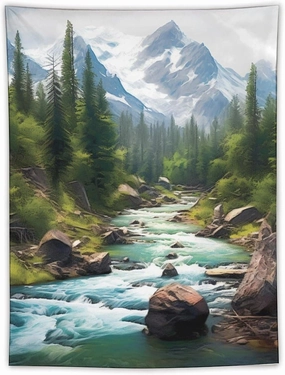 BAHELS Nature Forest Mountain Tapestry Green Pine Tree Leaf Lake Scenic Modern Waterfall Landscape Tapestry Fabric Dorm Wall Decor Wall Hanging for Room 60"x80"