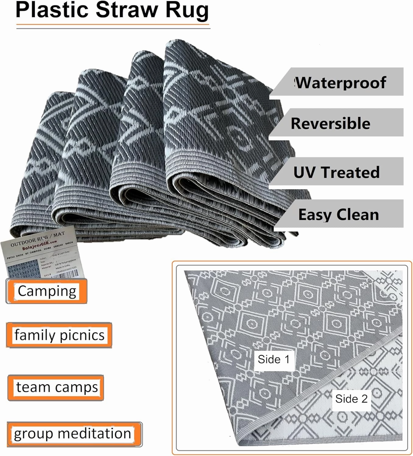 BalajeesUSA Outdoor Rug - 5x7 Grey Reversible Recycled Plastic Straw Patio Decor Waterproof Large RV Camper mat Camping 7032