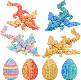 Balkwan Dragon Eggs Gift Set with Surprise Mini Winged Dragon Inside 3D Printed Articulated Crystal Toy Easter Eggs Fun Toy Christmas Basket Stuffers for Kids Boys and Girls (4pcs)