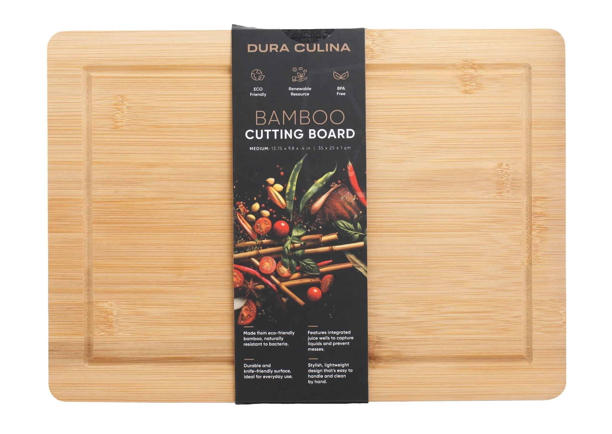 Bamboo Wood Cutting Board: Medium – (13.78” x 9.84”) Durable, Eco-Friendly Chopping Board by Dura Living