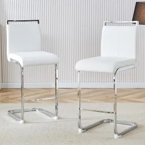 Bar Stools Set of 2,Counter Height Bar Stools with Backs,White Barstools with Chrome Plated Metal Leg,Upholstered Leather Counter Stools Ideal for Kitchen Counter Dining Island Bar Pub