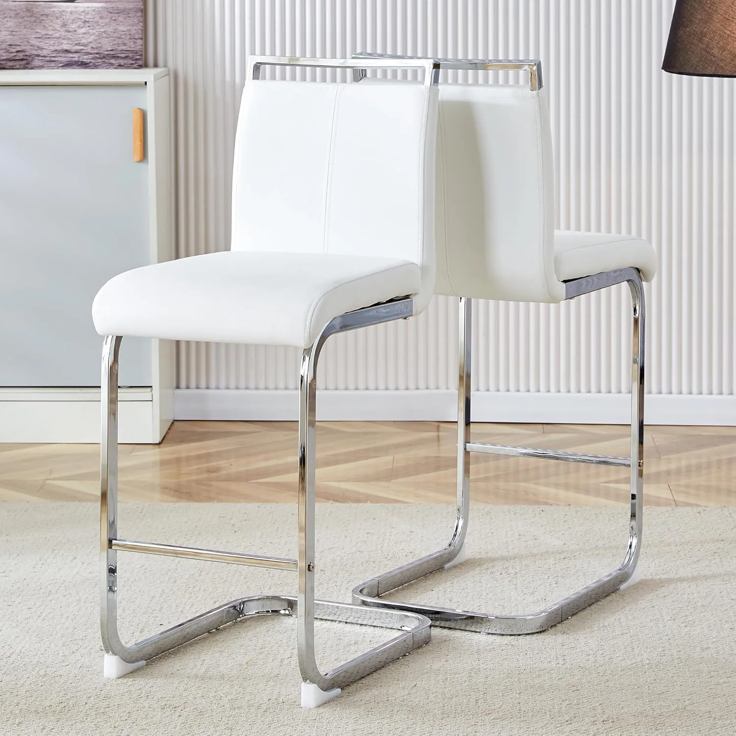 Bar Stools Set of 2,Counter Height Bar Stools with Backs,White Barstools with Chrome Plated Metal Leg,Upholstered Leather Counter Stools Ideal for Kitchen Counter Dining Island Bar Pub