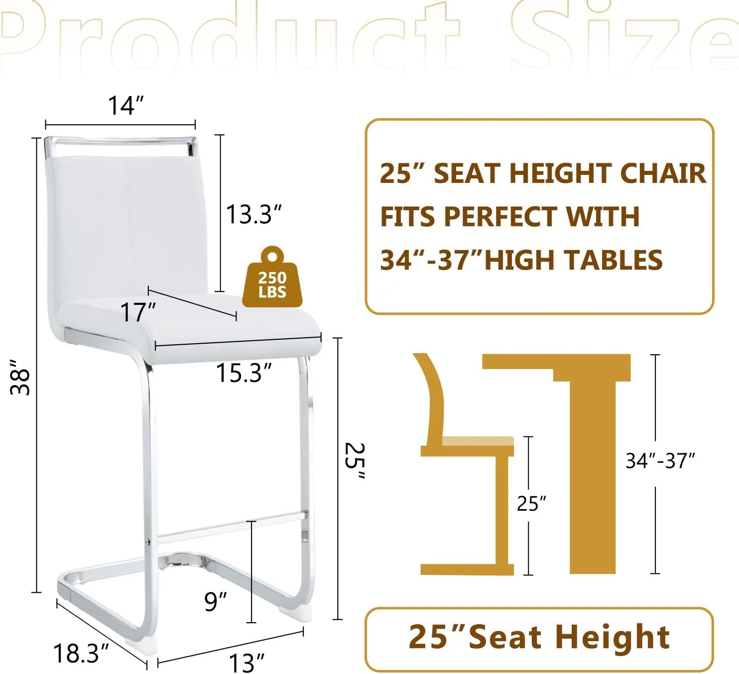Bar Stools Set of 2,Counter Height Bar Stools with Backs,White Barstools with Chrome Plated Metal Leg,Upholstered Leather Counter Stools Ideal for Kitchen Counter Dining Island Bar Pub