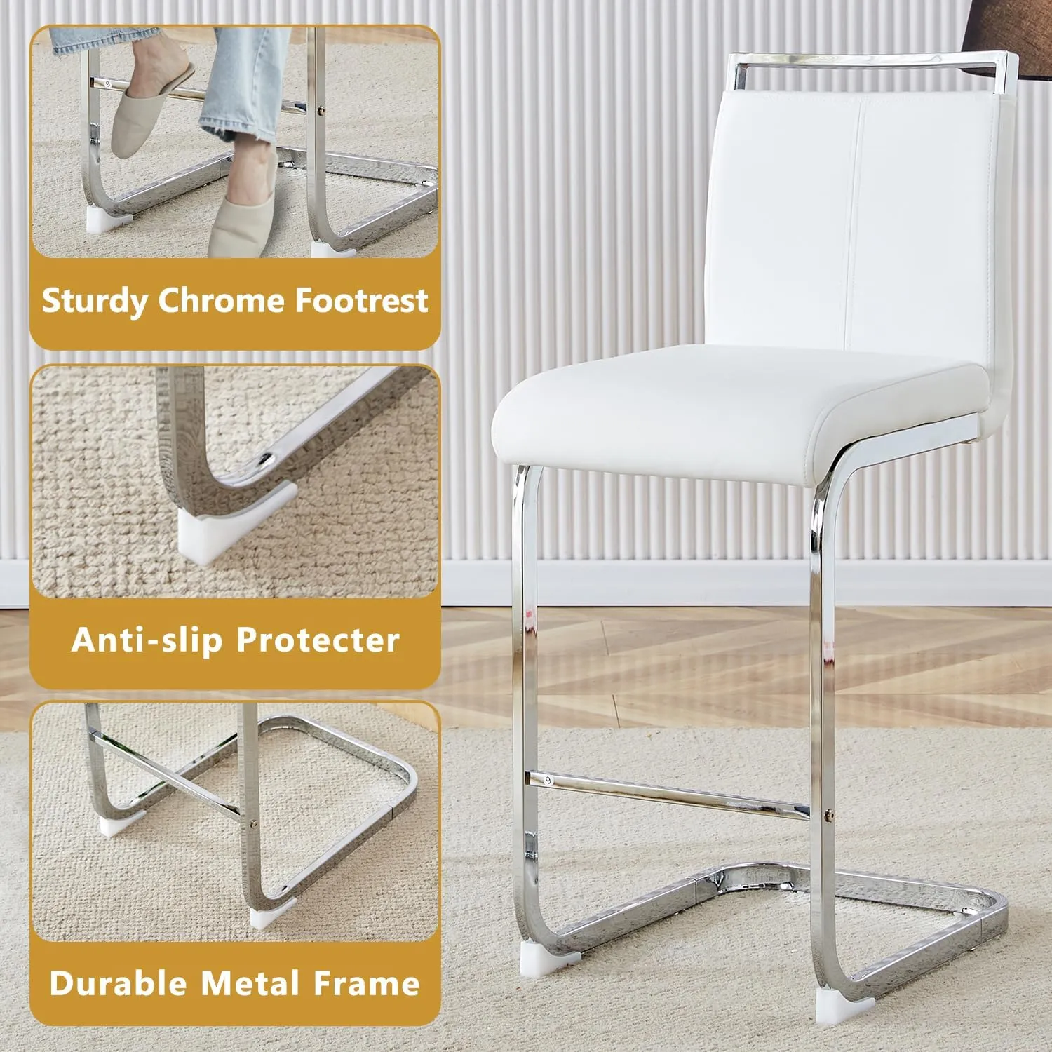 Bar Stools Set of 2,Counter Height Bar Stools with Backs,White Barstools with Chrome Plated Metal Leg,Upholstered Leather Counter Stools Ideal for Kitchen Counter Dining Island Bar Pub