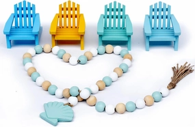Beach Decor Mini Beach Chair Set of 4 w Wood Beads Garland, Cute Beachy Room Decor Aesthetic, Coastal Decor for Home, Cute Ocean Beach Theme Decorations, Sea House Decor for Bedroom, Living Room