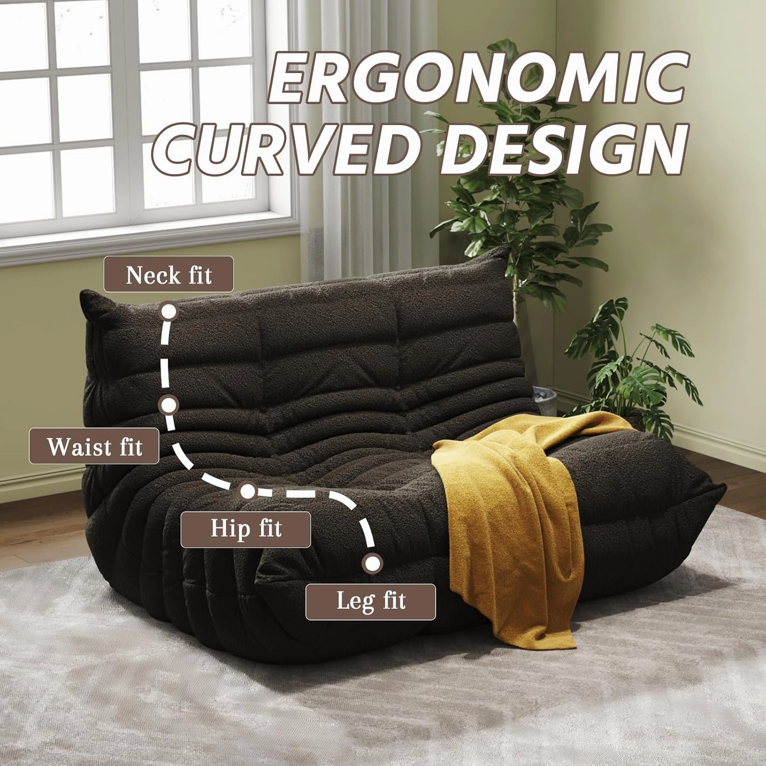 Bean Bag Chairs for Adults, Memory Foam Couch Loveseat Sofa Chair, Soft Teddy Material Cozy Comfy Reading Nook Chairs, Floor Chair for Living Room Bedroom Office(Black)